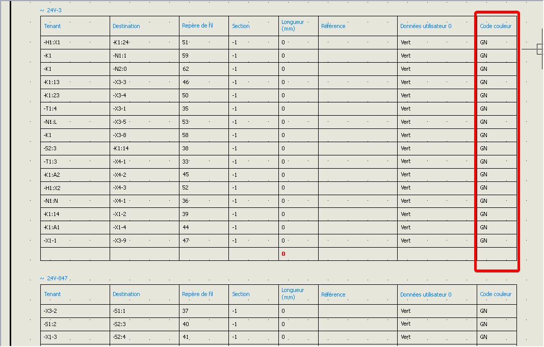 couleur des fils en français dans une nomenclature SOLIDWORKS Electrical